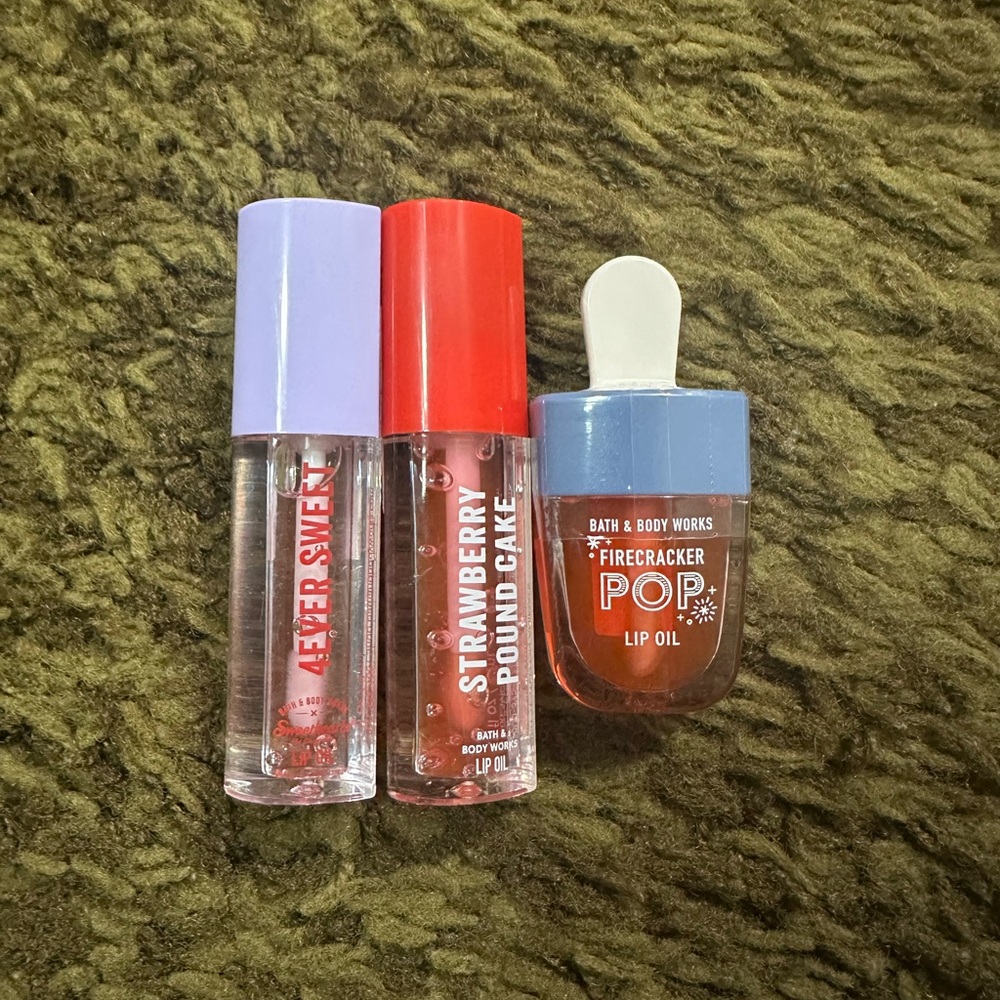 Bath and Body Works 4ever Sweet, Strawberry Poundcake, Firecracker Pop Lip Oil